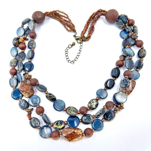 Jewelry - NWOT - BOHO Blue & Brown Layered Dyed Shell Copper Seed Beaded 18” Necklace